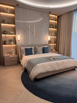 Stylish modern bedroom featuring a comfortable bed, ambient lighting, and aesthetic decor.